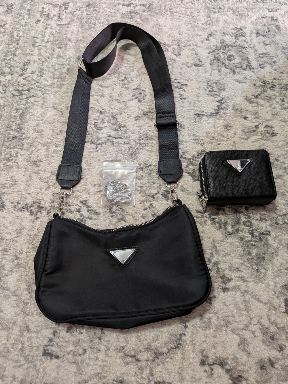 Black Nylon Shoulder Bag with Matching Wallet - Unbranded